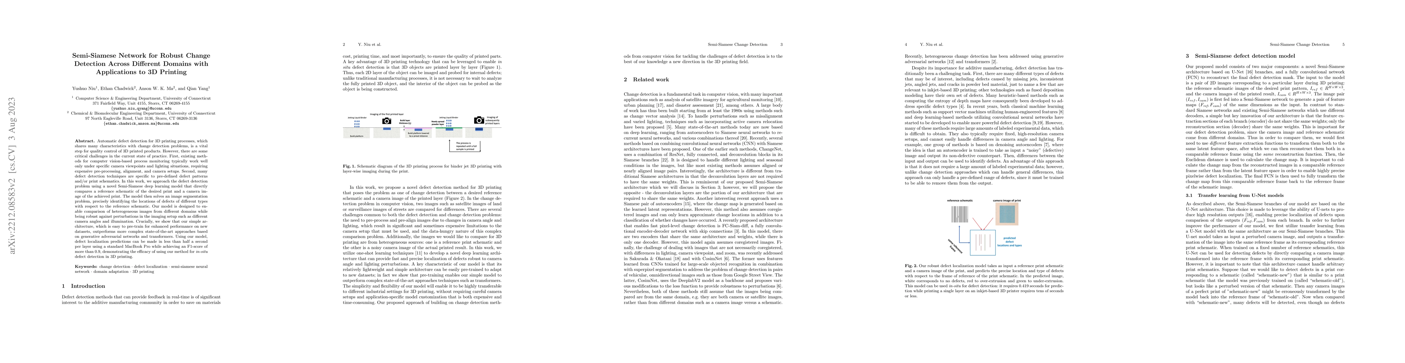 Thumbnail for Semi-Siamese Network for Robust Change Detection Across Different
  Domains with Applications to 3D Printing