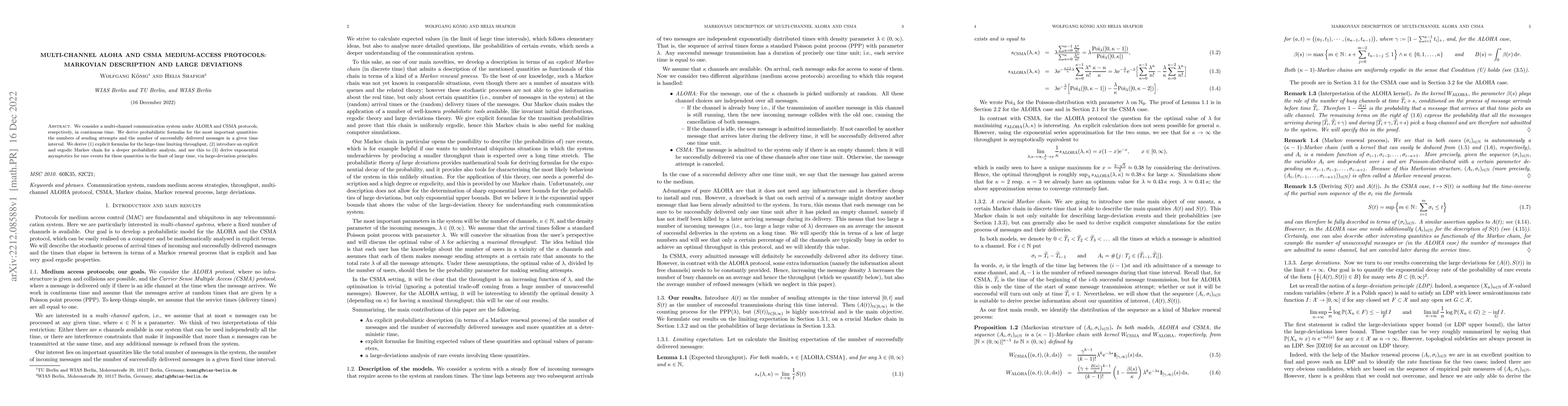 Thumbnail for Multi-channel ALOHA and CSMA medium-access protocols: Markovian
  description and large deviations