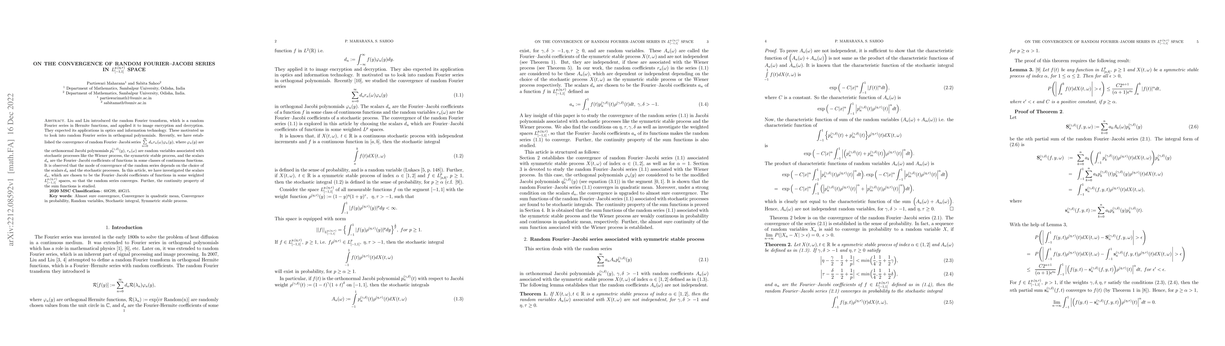 Thumbnail for On the Convergence of Random Fourier--Jacobi Series in
  $L_{[-1,1]}^{p,(\eta,\tau)}$ space