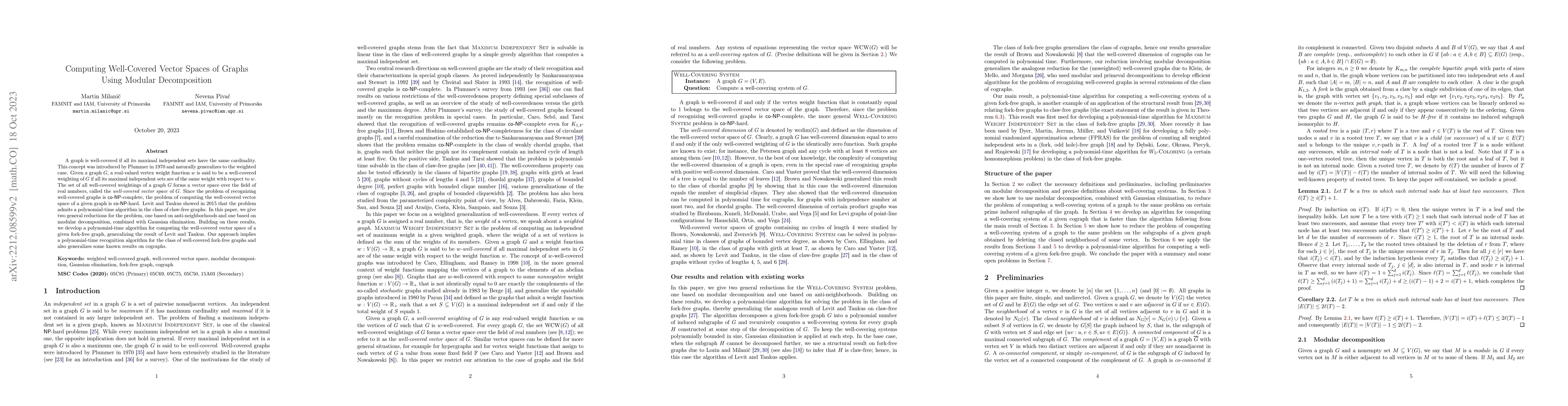 Thumbnail for Computing Well-Covered Vector Spaces of Graphs using Modular
  Decomposition
