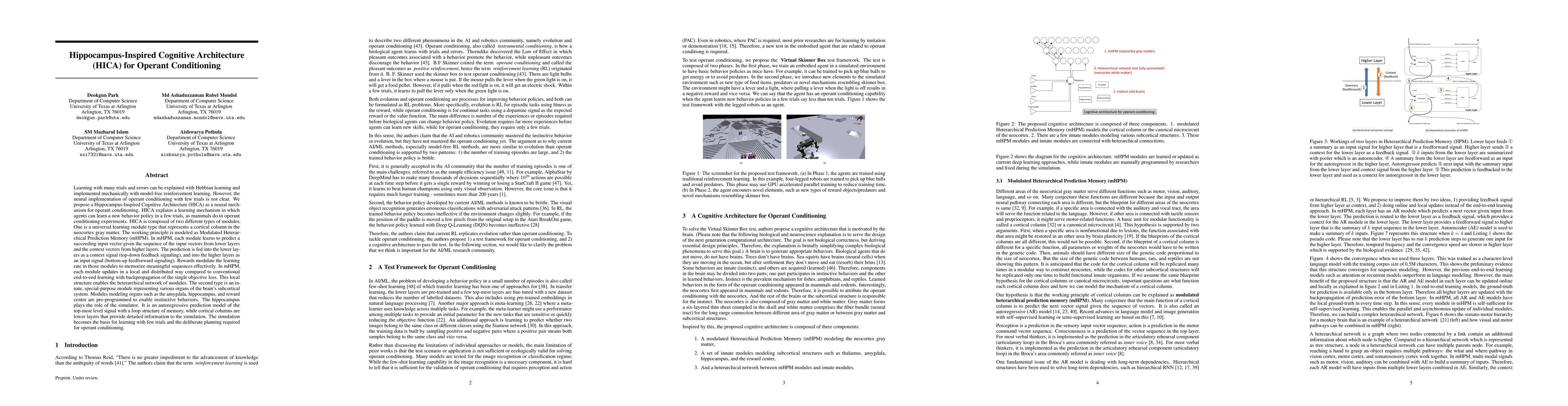 Thumbnail for Hippocampus-Inspired Cognitive Architecture (HICA) for Operant
  Conditioning