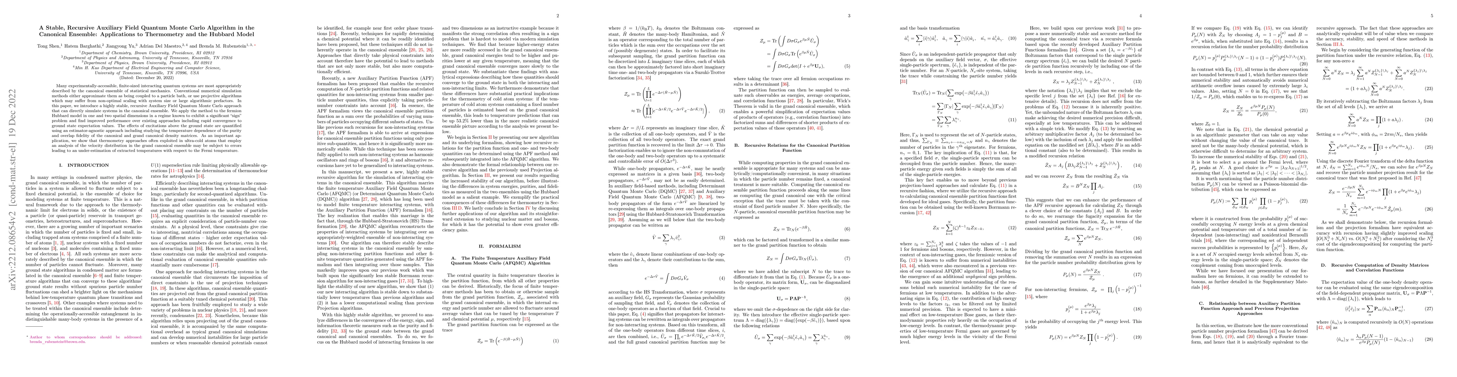 Thumbnail for A Stable, Recursive Auxiliary Field Quantum Monte Carlo Algorithm in the
  Canonical Ensemble: Applications to Thermometry and the Hubbard Model
