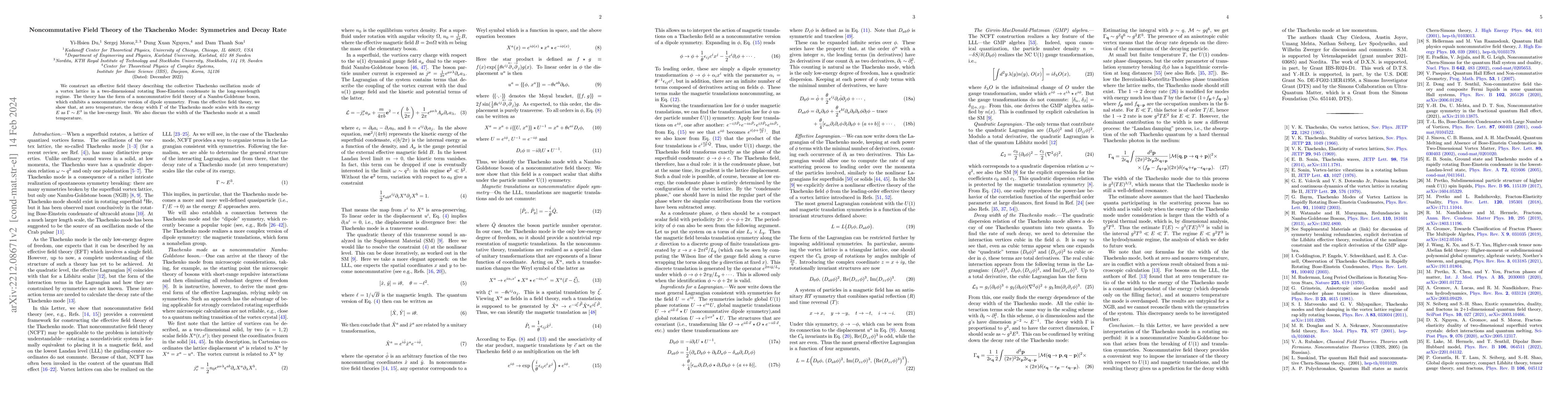 Thumbnail for Noncommutative Field Theory of the Tkachenko Mode: Symmetries and Decay
  Rate