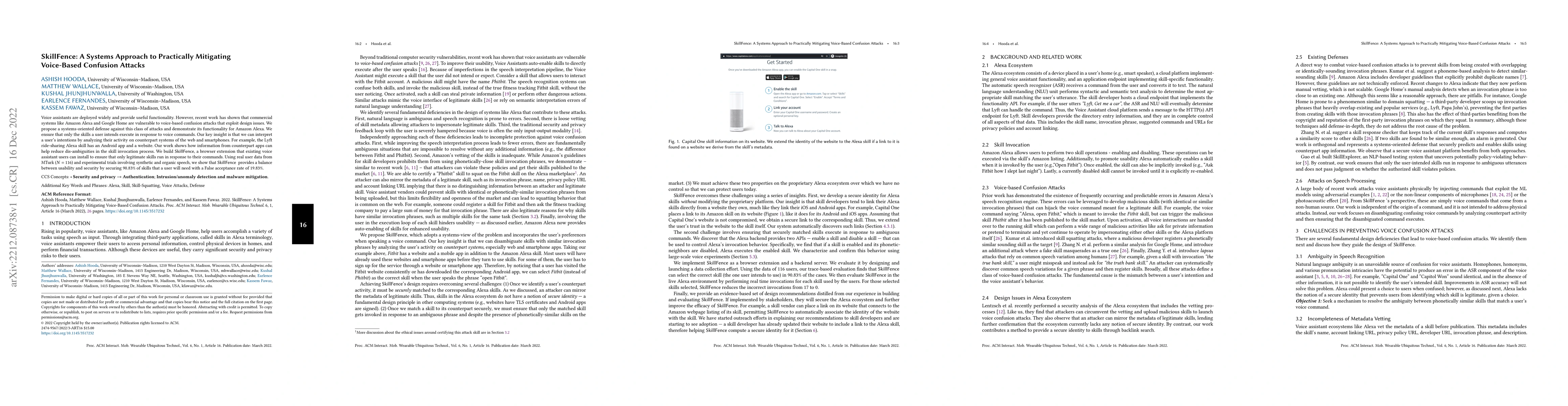 Thumbnail for SkillFence: A Systems Approach to Practically Mitigating Voice-Based
  Confusion Attacks