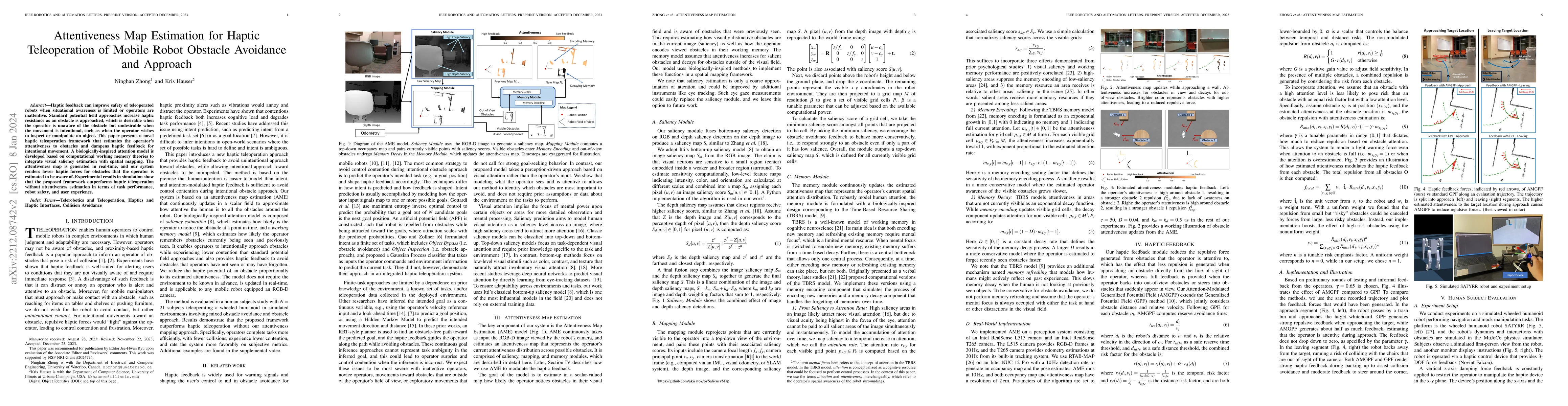 Thumbnail for Attentiveness Map Estimation for Haptic Teleoperation of Mobile Robot
  Obstacle Avoidance and Approach