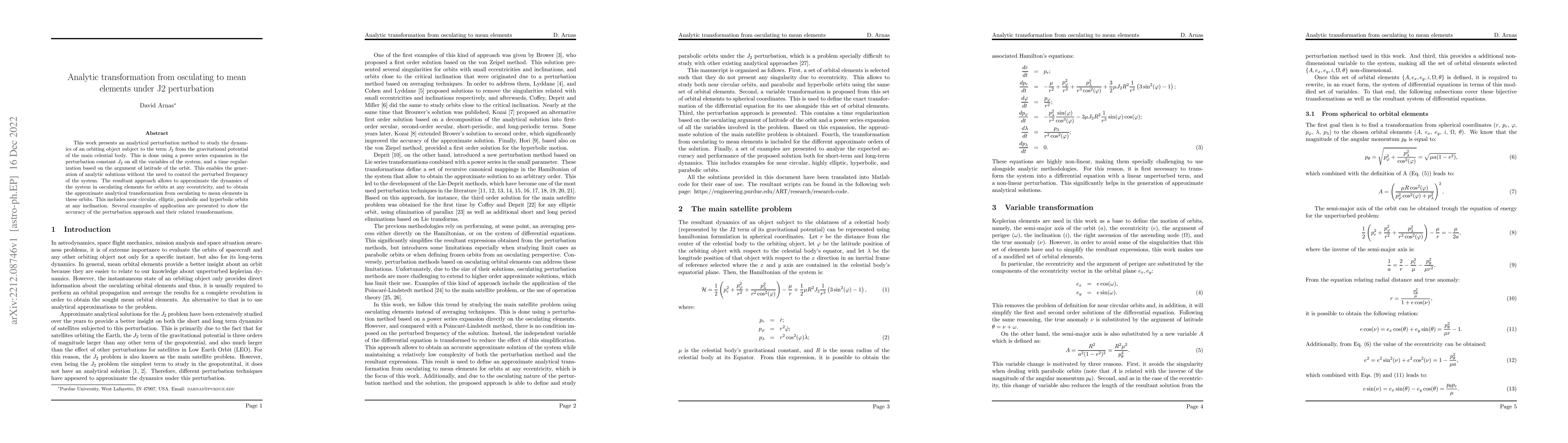 Thumbnail for Analytic transformation from osculating to mean elements under J2
  perturbation