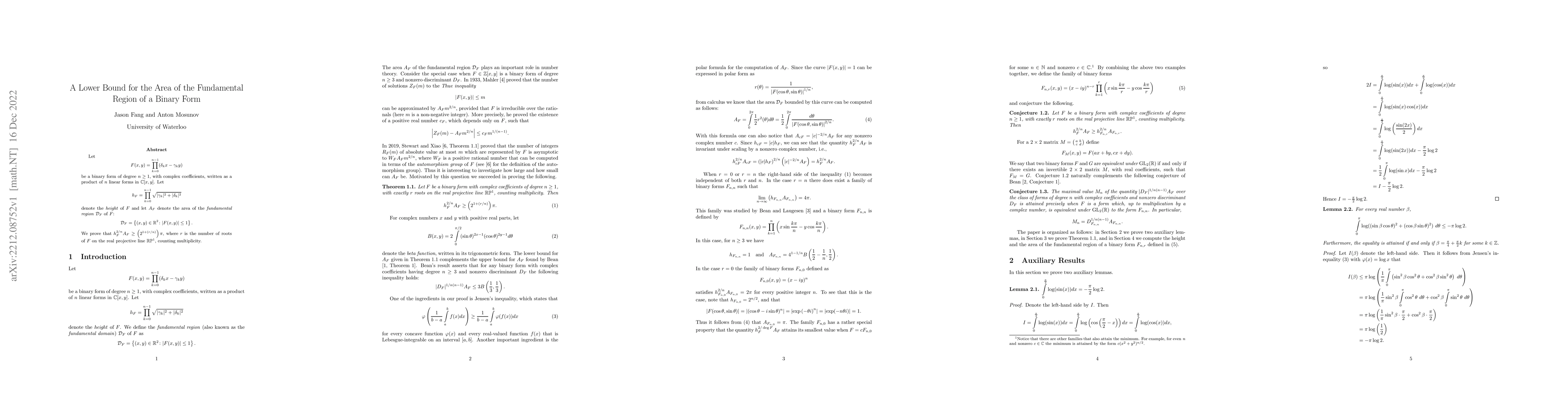Thumbnail for A Lower Bound for the Area of the Fundamental Region of a Binary Form