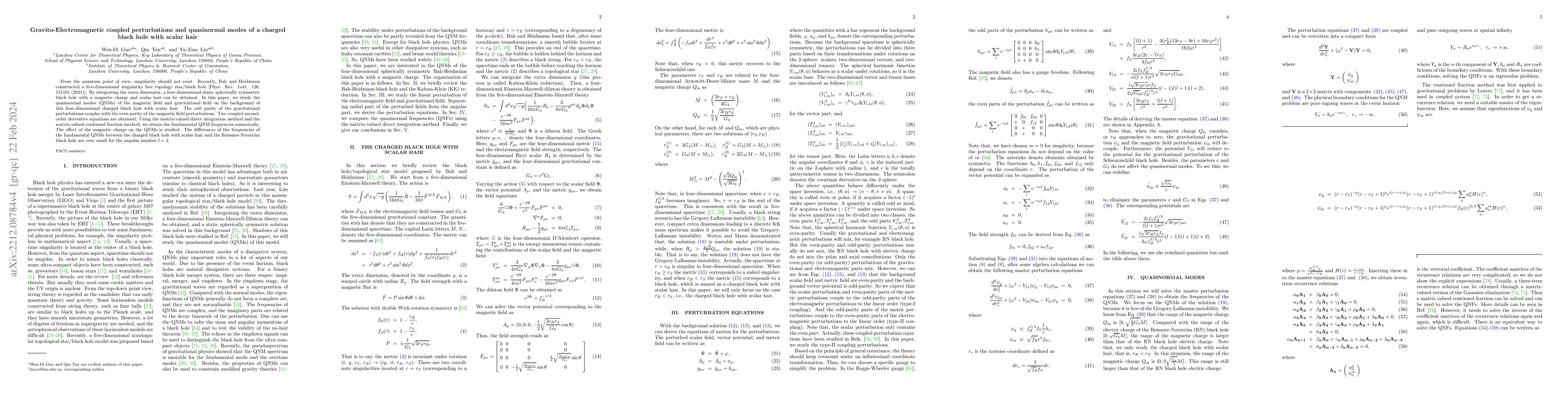 Thumbnail for Gravitoelectromagnetic coupled perturbations and quasinormal modes of a
  charged black hole with scalar hair