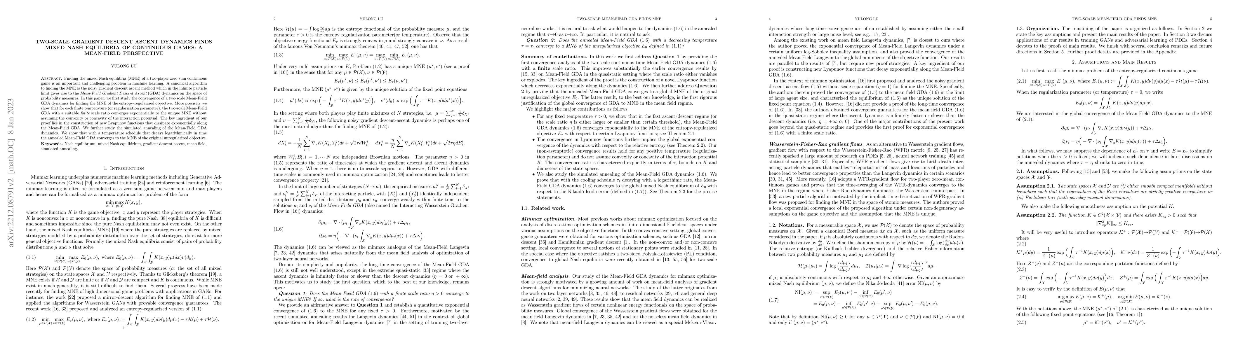 Thumbnail for Two-Scale Gradient Descent Ascent Dynamics Finds Mixed Nash Equilibria
  of Continuous Games: A Mean-Field Perspective