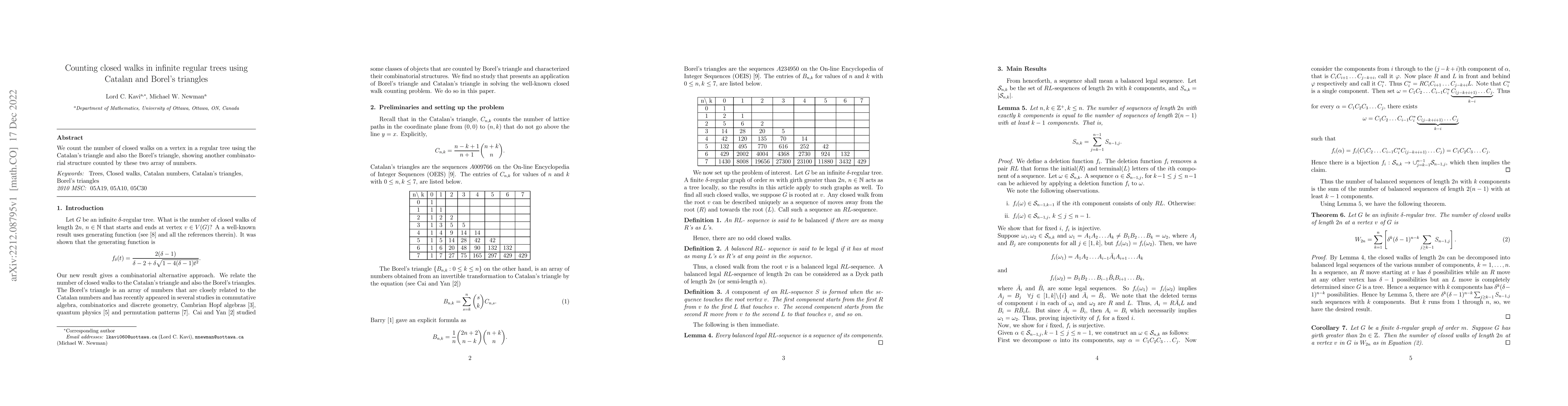 Thumbnail for Counting closed walks in infinite regular trees using Catalan and
  Borel's triangles