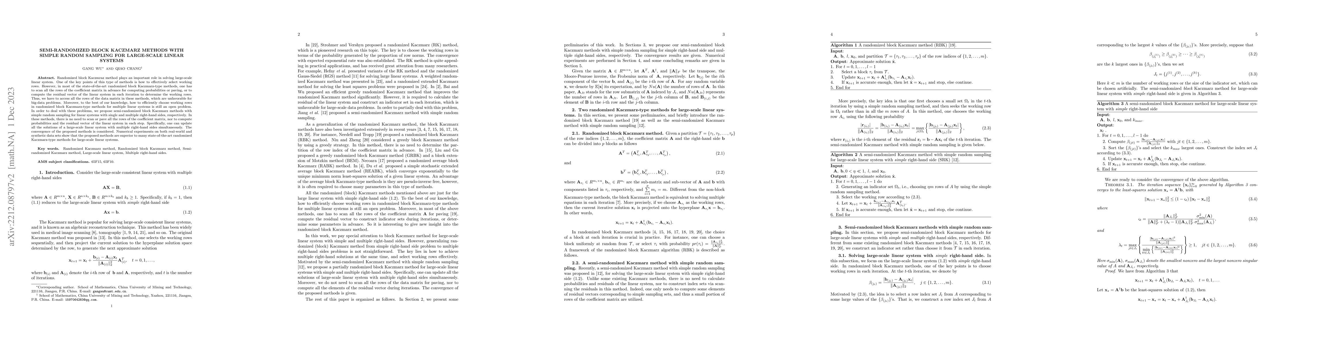 Thumbnail for Semi-randomized block Kaczmarz methods with simple random sampling for
  large-scale linear systems