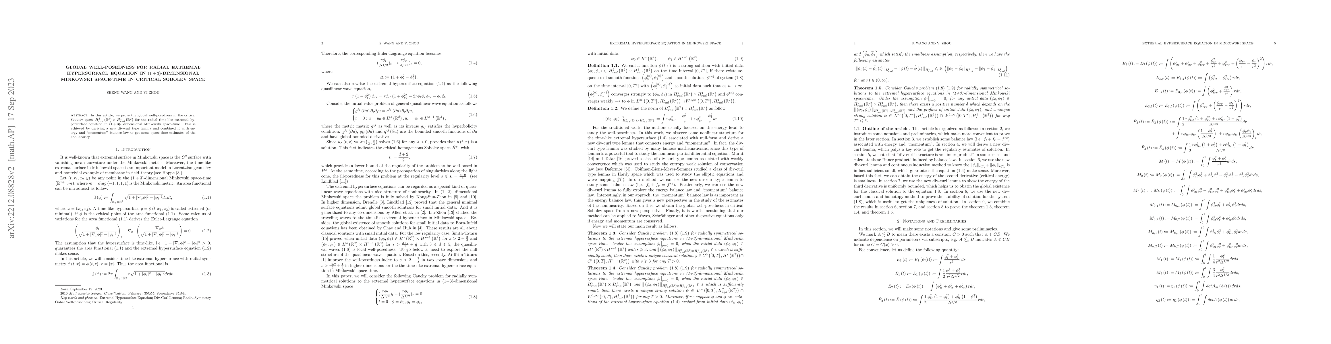 Thumbnail for Global well-posedness for radial extremal hypersurface equation in
  $\left(1+3 \right)$-dimensional Minkowski space-time in critical Sobolev
  space