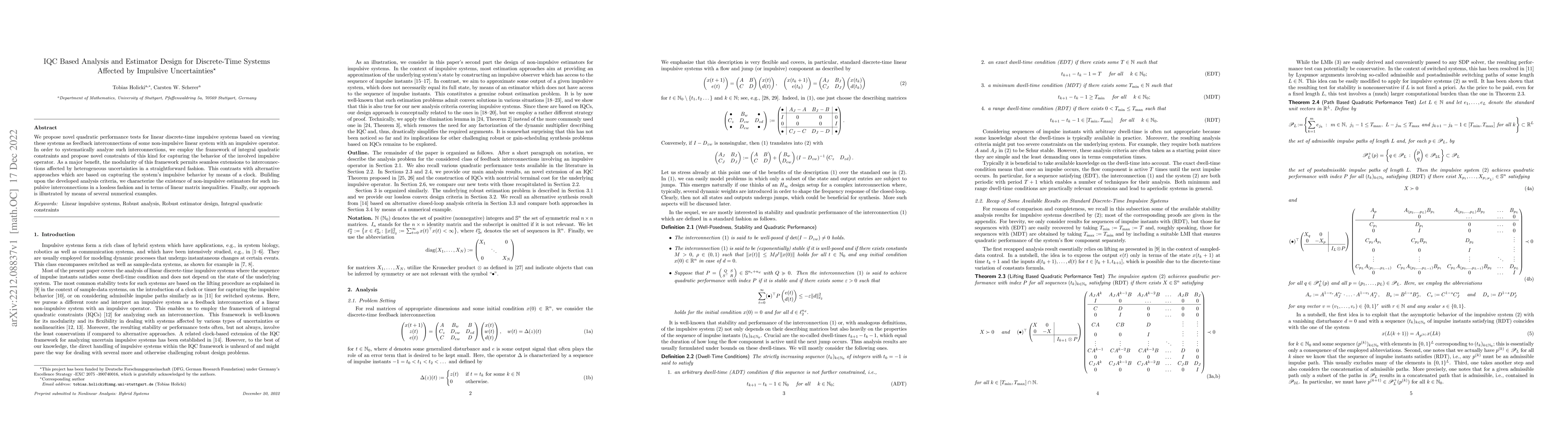 Thumbnail for IQC Based Analysis and Estimator Design for Discrete-Time Systems
  Affected by Impulsive Uncertainties