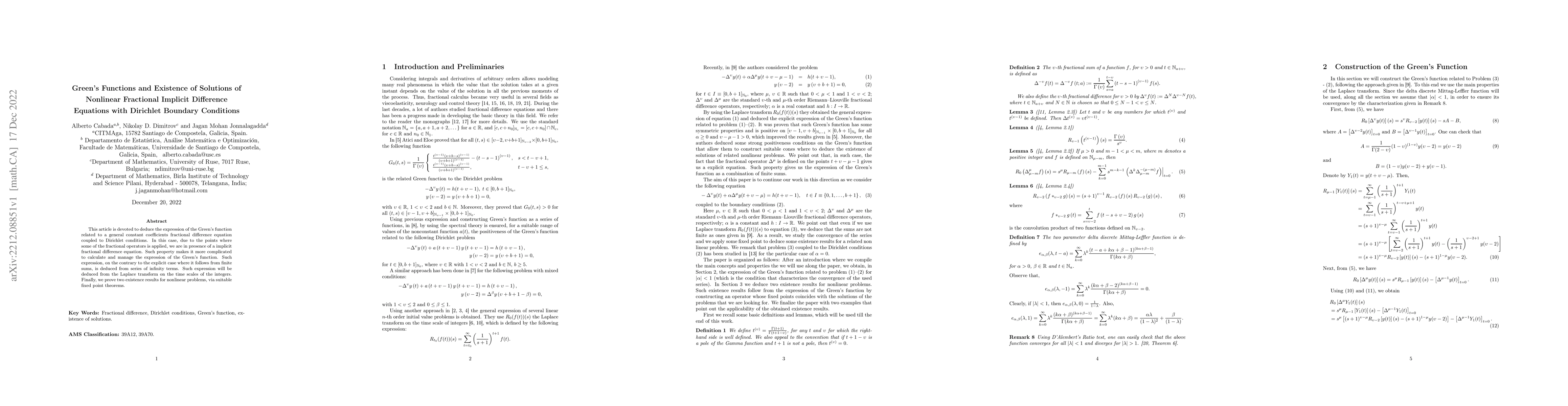 Thumbnail for Green's Functions and Existence of Solutions of Nonlinear Fractional
  Implicit Difference Equations with Dirichlet Boundary Conditions