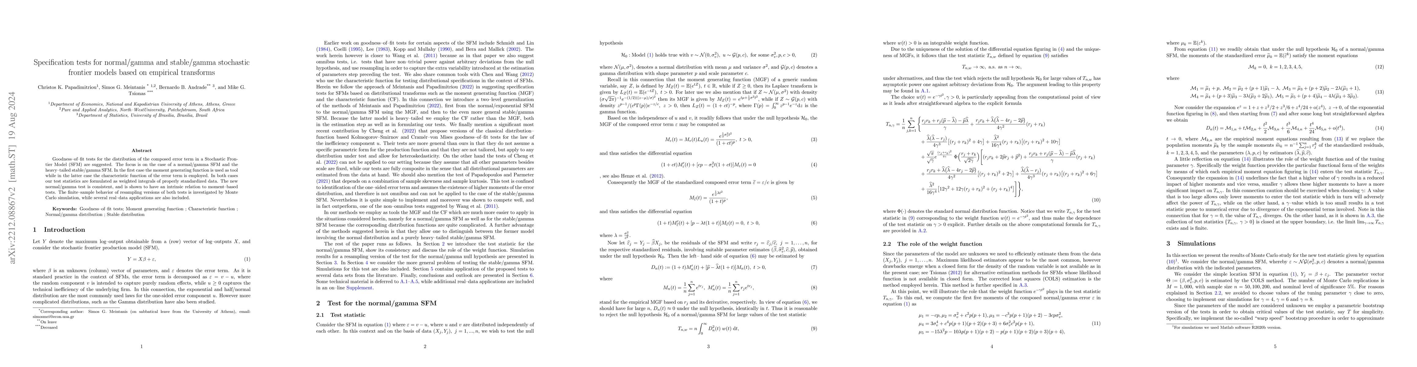 Thumbnail for Specification tests for normal/gamma and stable/gamma stochastic
  frontier models based on empirical transforms