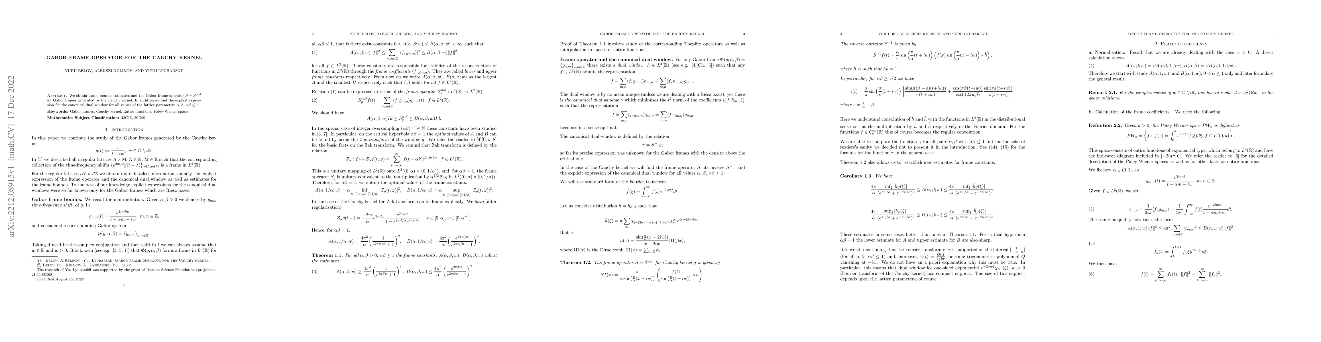 Thumbnail for Gabor frame operator for the Cauchy kernel