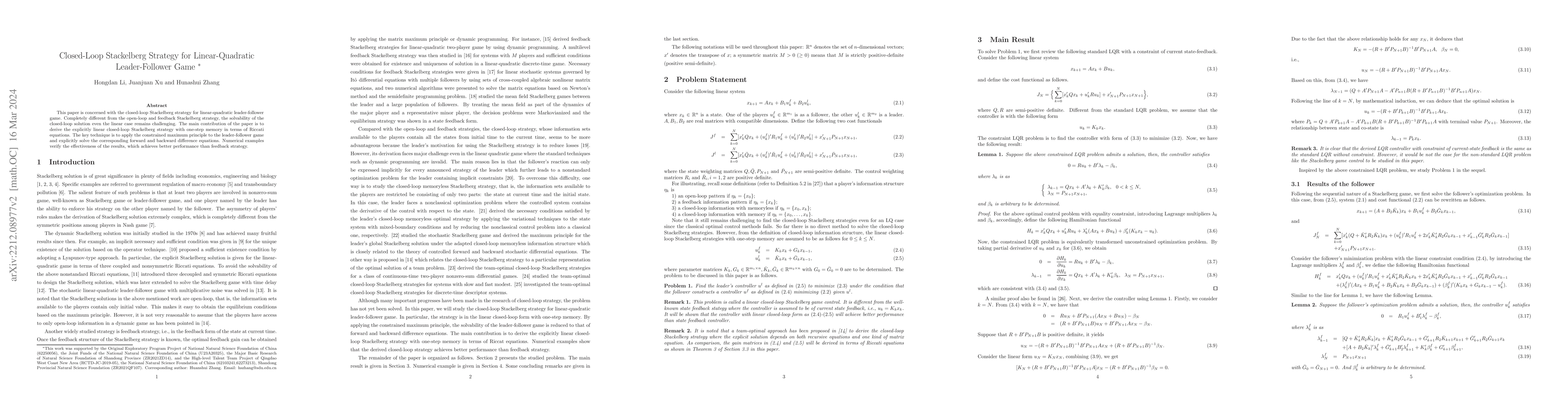 Thumbnail for Closed-Loop Stackelberg Strategy for Linear-Quadratic Leader-Follower
  Game