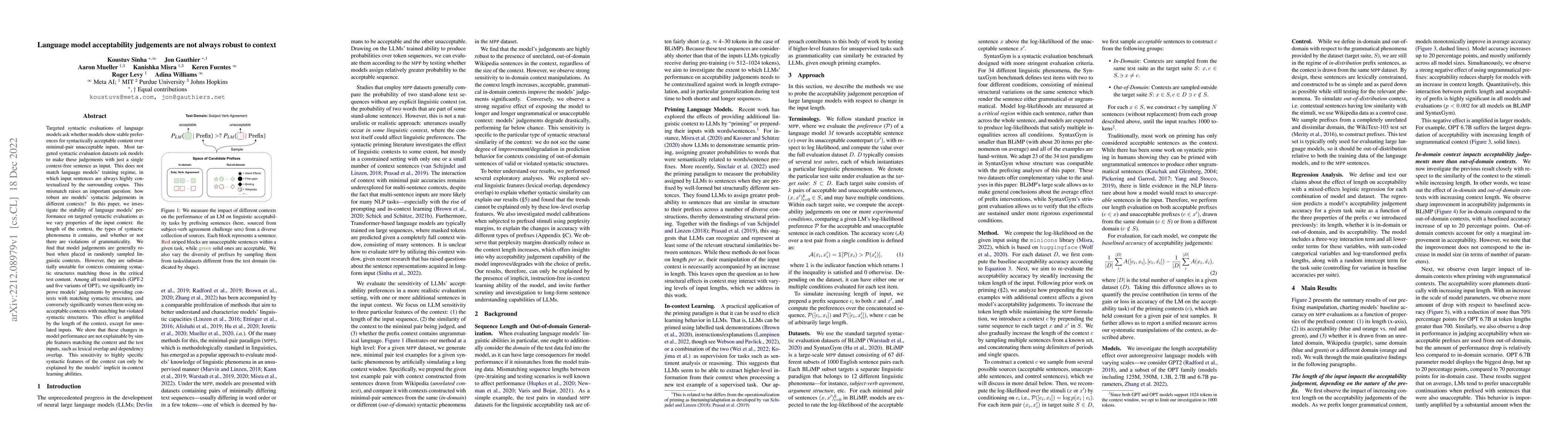 Thumbnail for Language model acceptability judgements are not always robust to context
