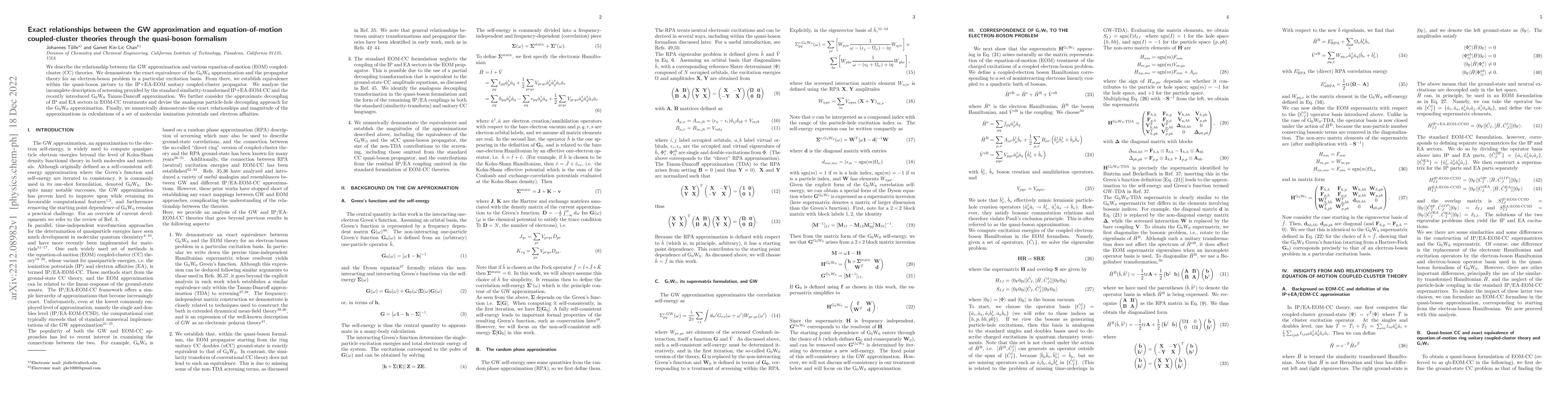 Thumbnail for Exact relationships between the GW approximation and equation-of-motion
  coupled-cluster theories through the quasi-boson formalism