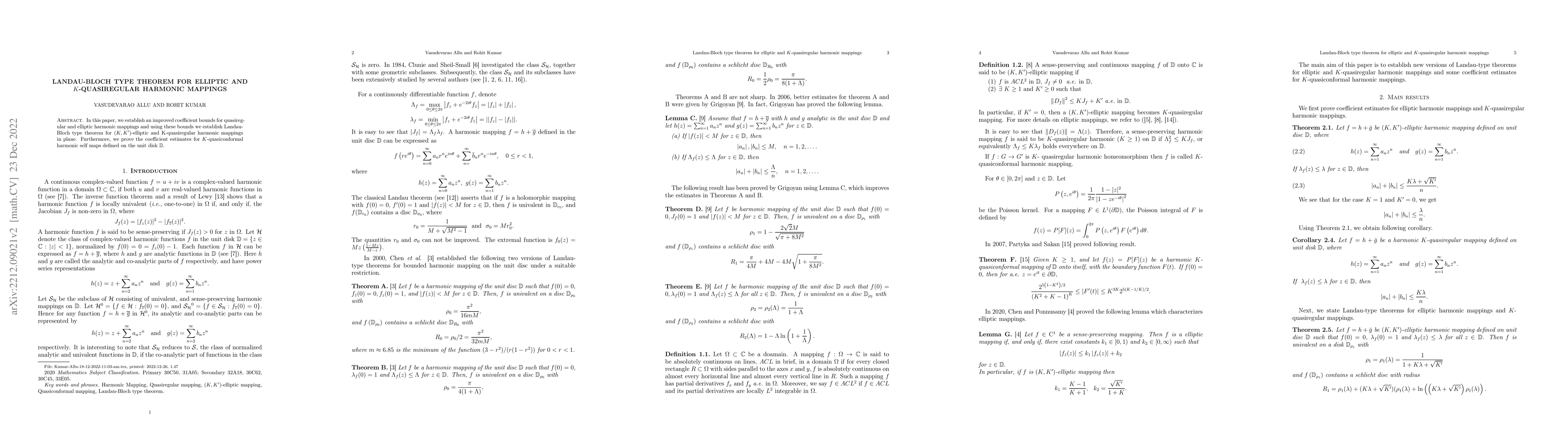 Thumbnail for Landau-Bloch type theorem for elliptic and $K$-quasiregular harmonic
  mappings
