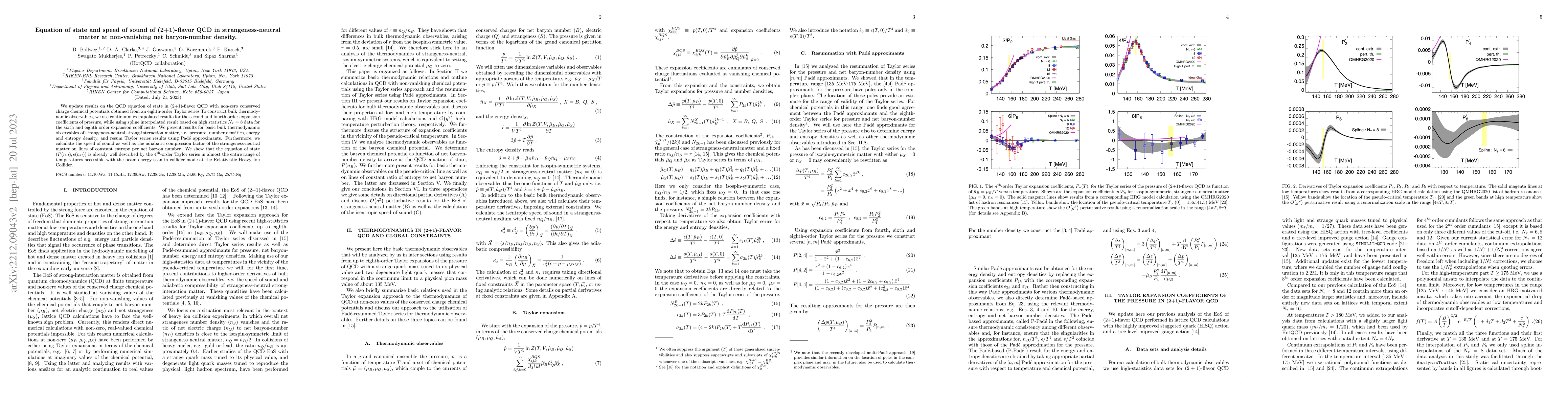 Thumbnail for Equation of state and speed of sound of (2+1)-flavor QCD in
  strangeness-neutral matter at non-vanishing net baryon-number density
