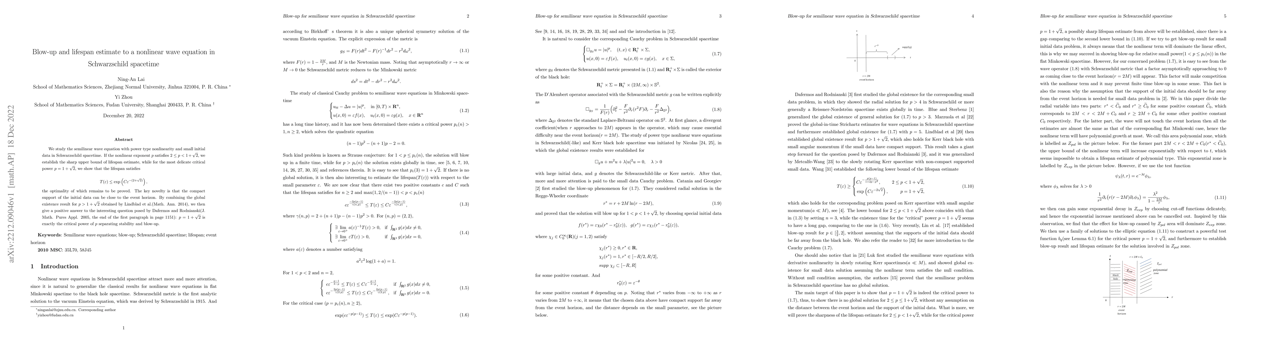 Thumbnail for Blow-up and lifespan estimate to a nonlinear wave equation in
  Schwarzschild spacetime