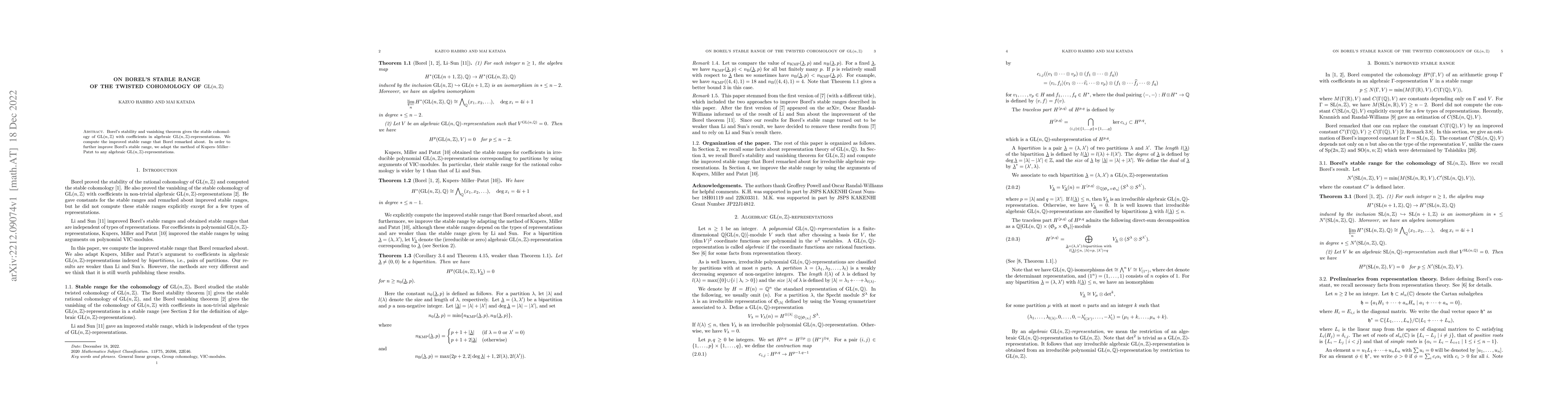 Thumbnail for On Borel's stable range of the twisted cohomology of
  $\mathrm{GL}(n,\mathbb{Z})$