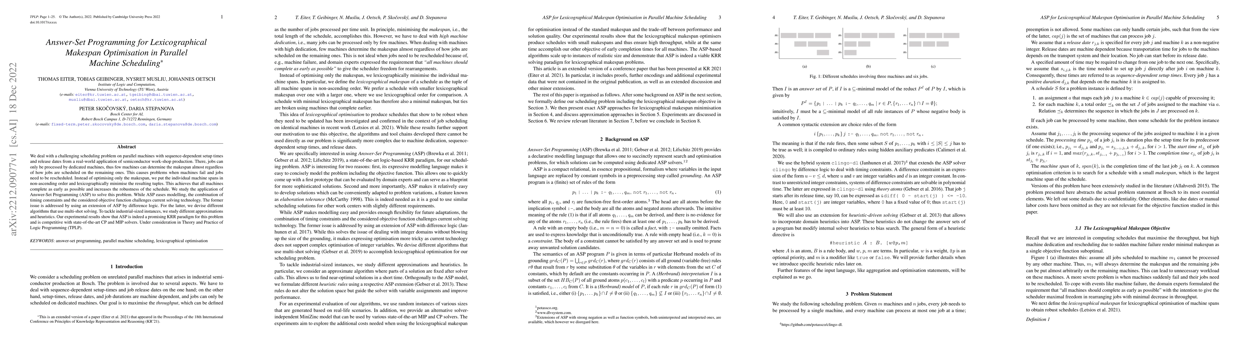 Thumbnail for Answer-Set Programming for Lexicographical Makespan Optimisation in
  Parallel Machine Scheduling
