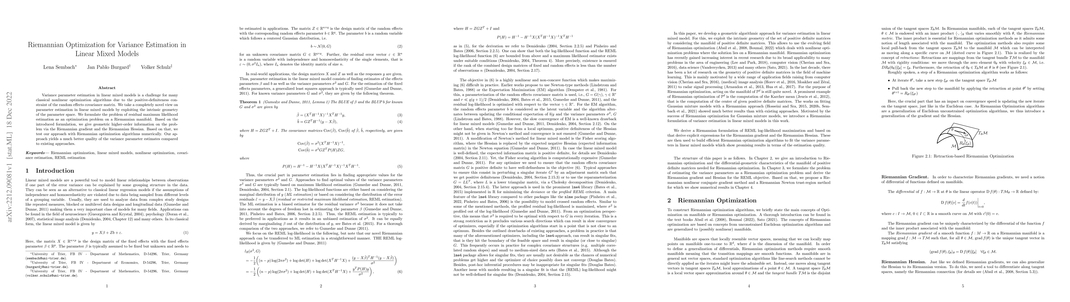 Thumbnail for Riemannian Optimization for Variance Estimation in Linear Mixed Models