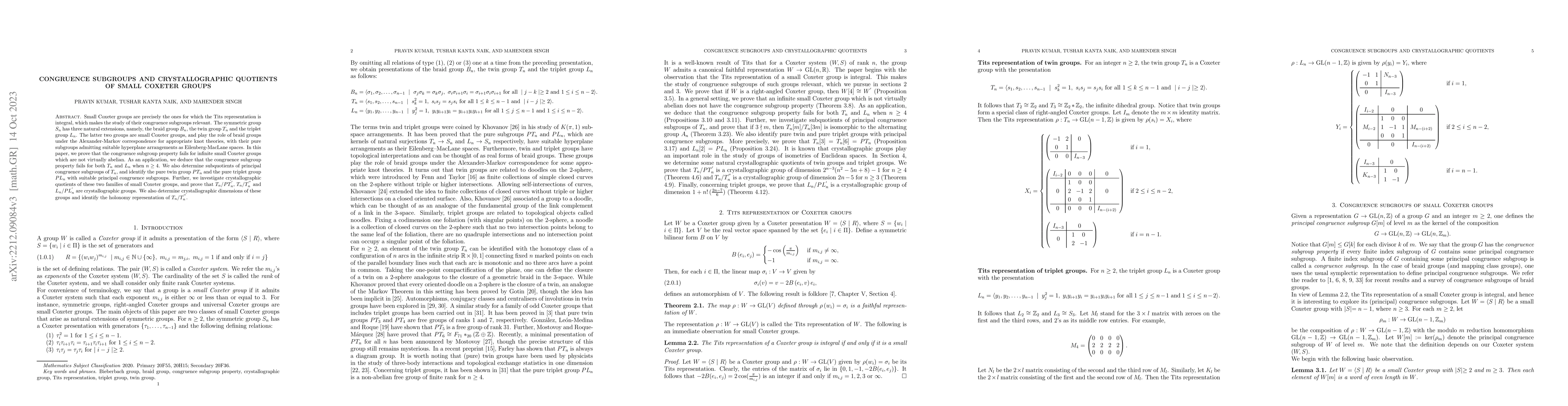 Thumbnail for Congruence subgroups and crystallographic quotients of small Coxeter
  groups