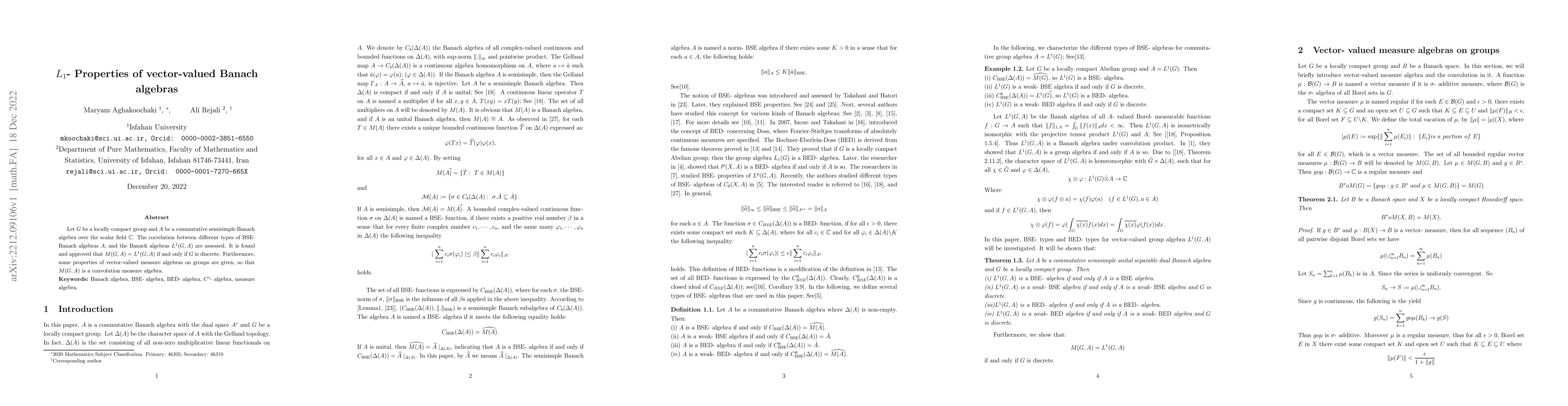 Thumbnail for $L_{1}$- Properties of vector-valued Banach algebras