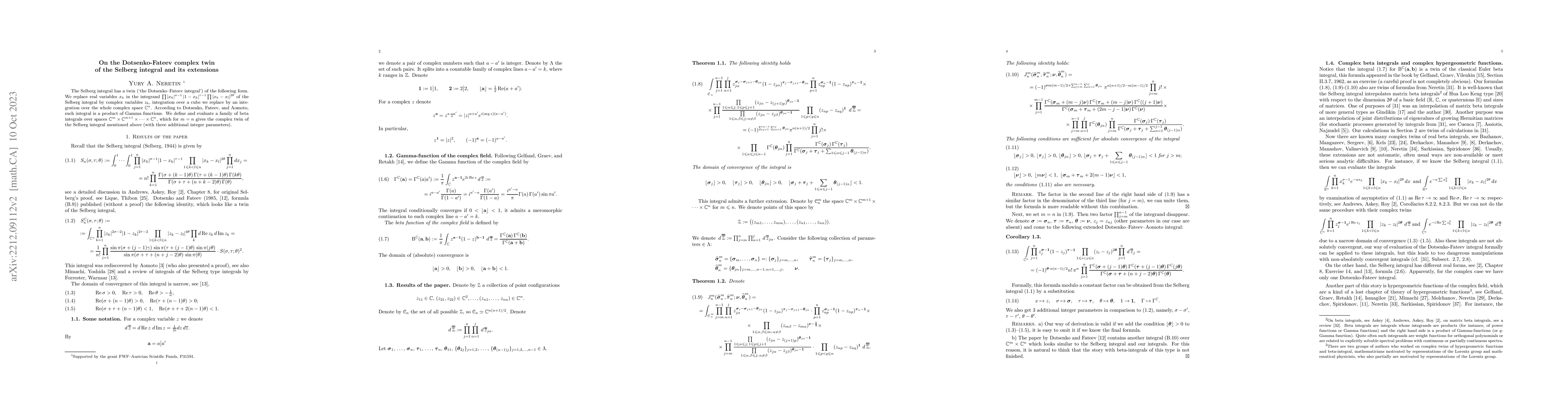 Thumbnail for On the Dotsenko-Fateev complex twin of the Selberg integral and its
  extensions