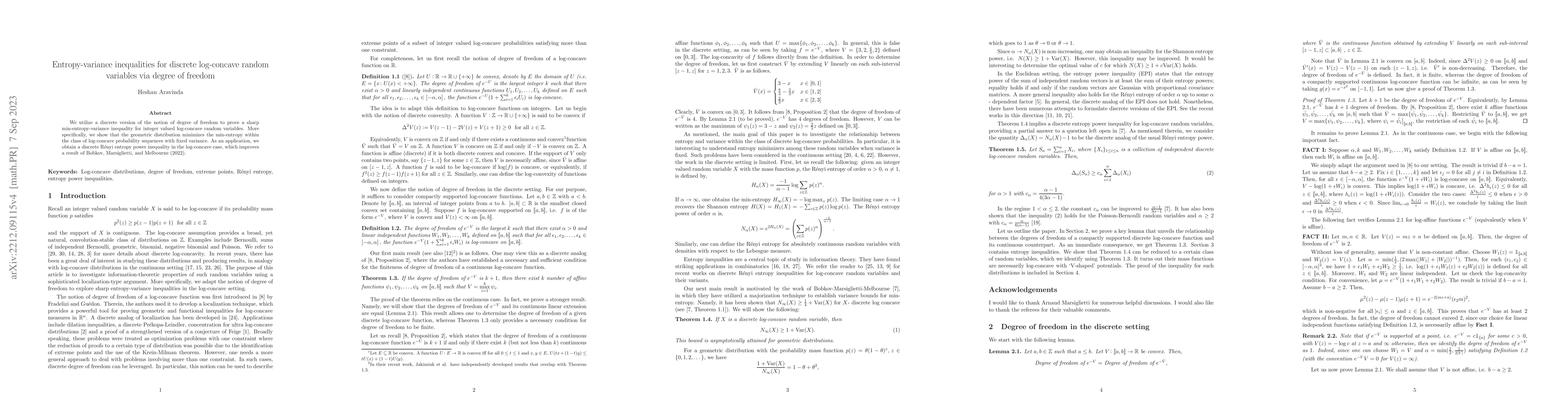 Thumbnail for Entropy-variance inequalities for discrete log-concave random variables
  via degree of freedom