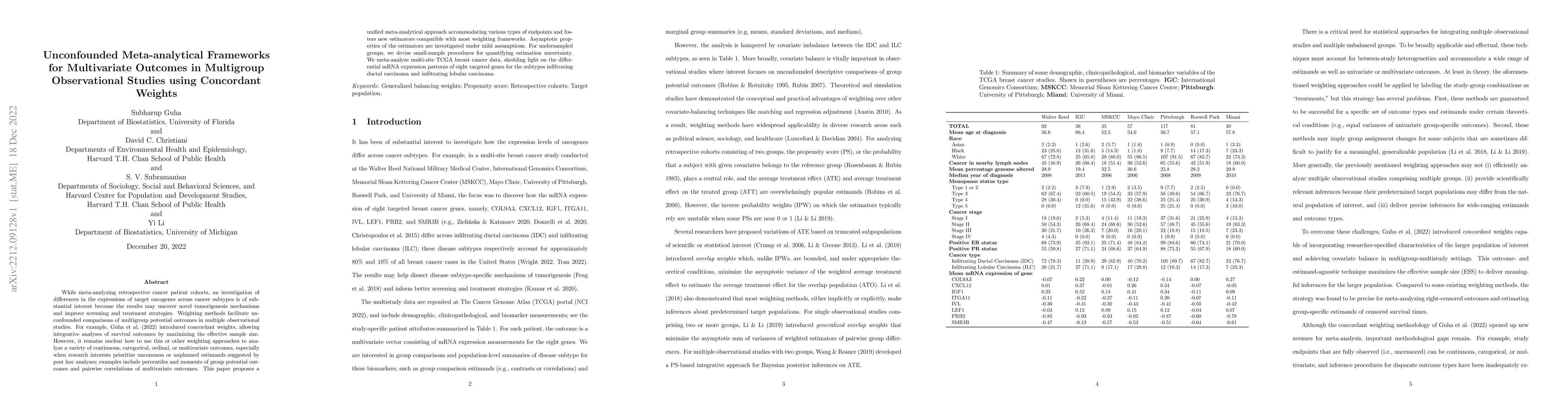 Thumbnail for Unconfounded Meta-analytical Frameworks for Multivariate Outcomes in
  Multigroup Observational Studies using Concordant Weights