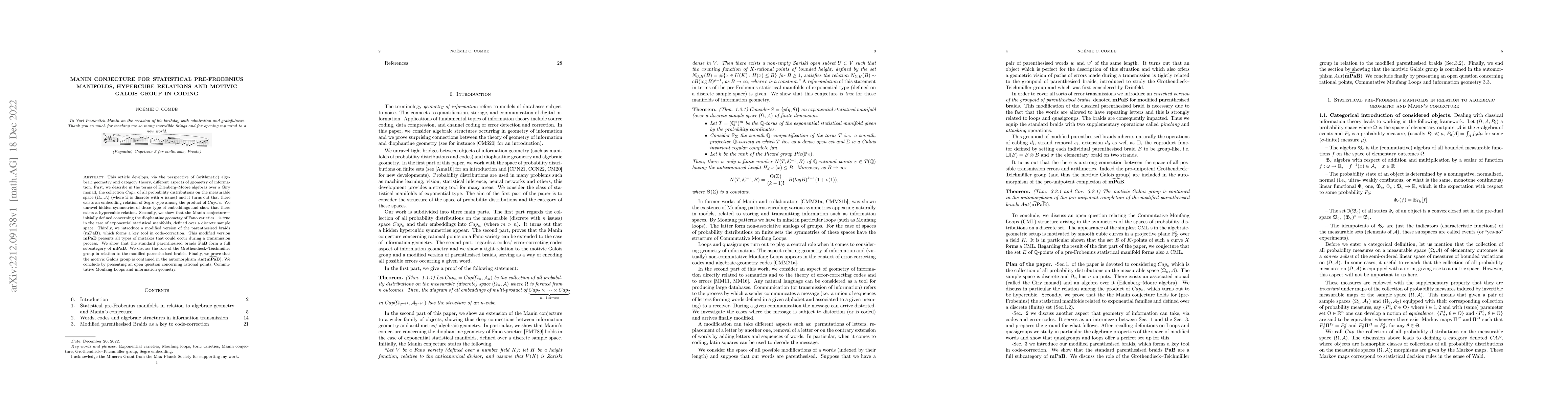 Thumbnail for Manin conjecture for statistical pre-Frobenius manifolds, hypercube
  relations and motivic Galois group in coding