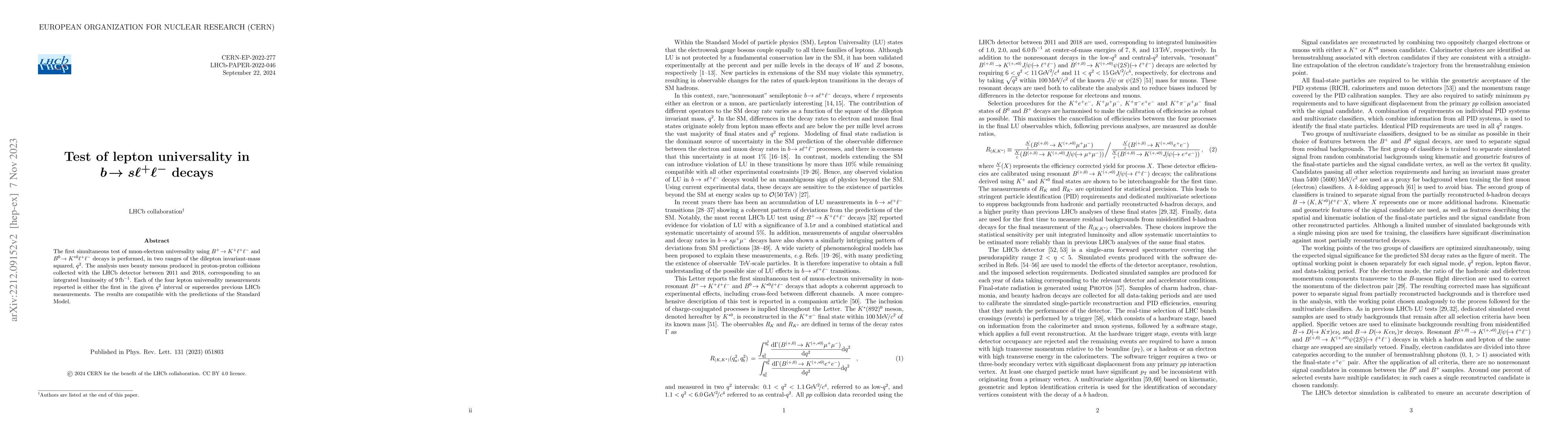 Thumbnail for Test of lepton universality in $b \rightarrow s \ell^+ \ell^-$ decays