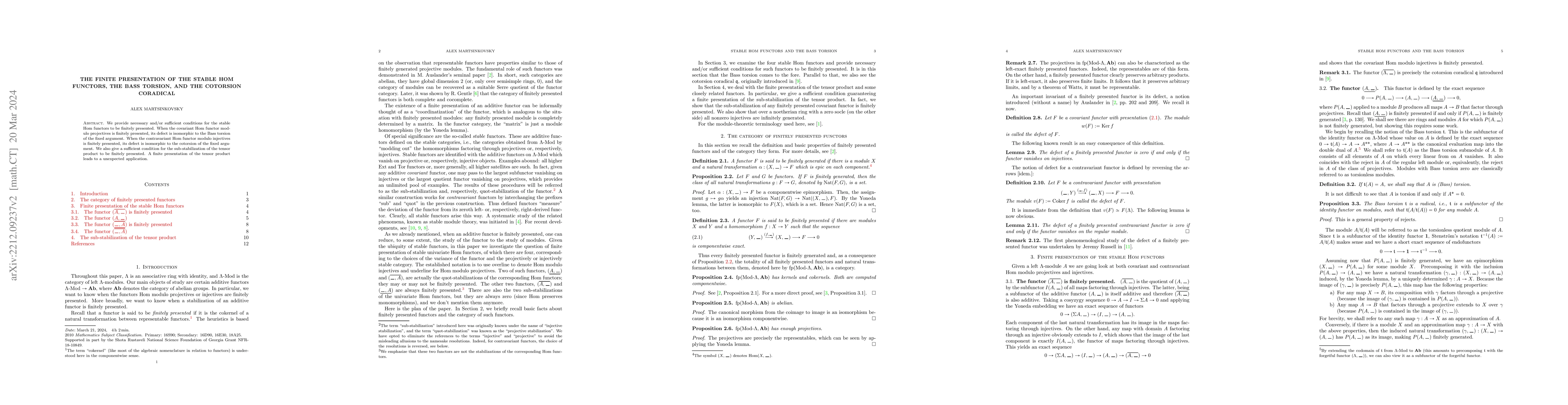 Thumbnail for The finite presentation of the stable Hom functors, the Bass torsion,
  and the cotorsion coradical