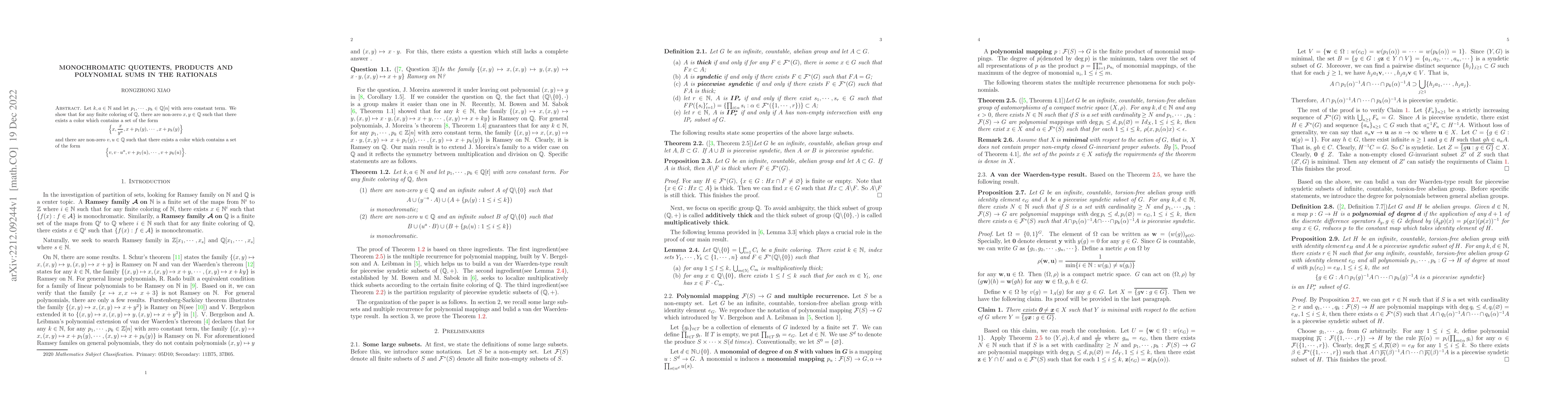 Thumbnail for Monochromatic quotients, products and polynomial sums in the rationals