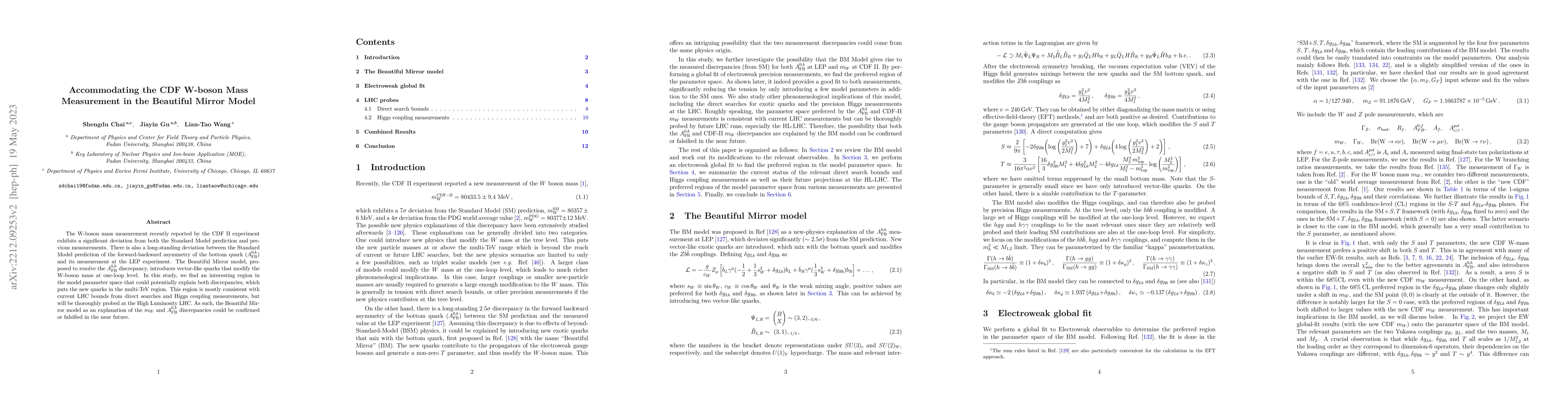 Thumbnail for Accommodating the CDF W-boson Mass Measurement in the Beautiful Mirror
  Model