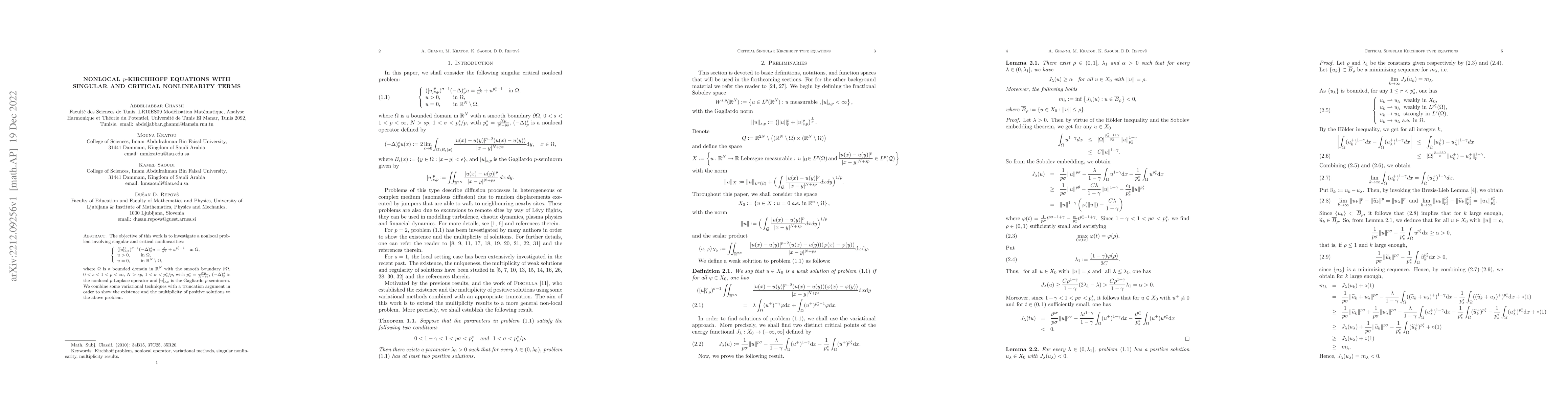 Thumbnail for Nonlocal $p$-Kirchhoff equations with singular and critical nonlinearity
  terms