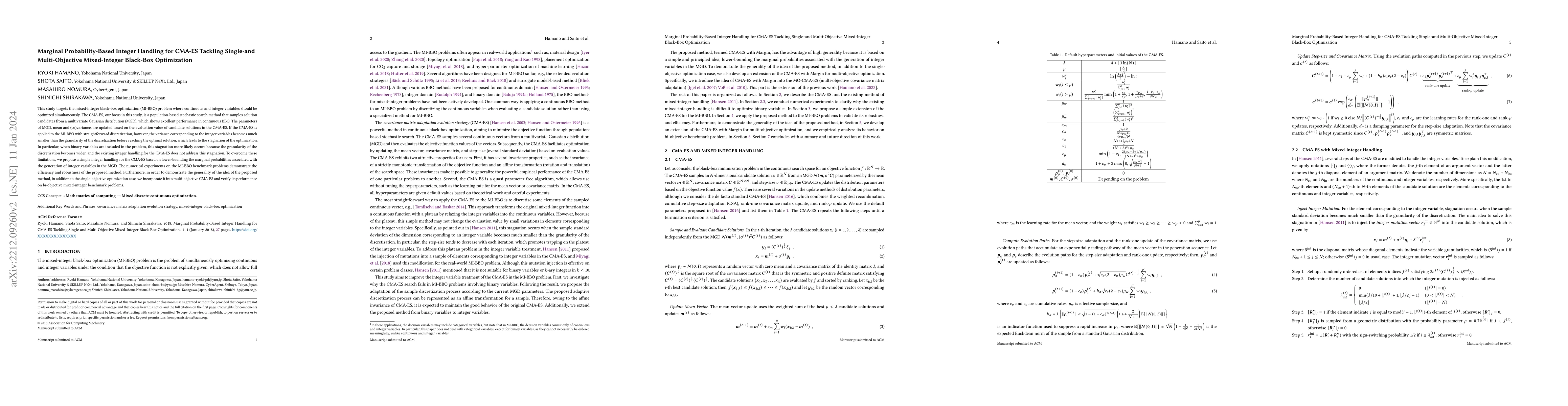 Thumbnail for Marginal Probability-Based Integer Handling for CMA-ES Tackling
  Single-and Multi-Objective Mixed-Integer Black-Box Optimization