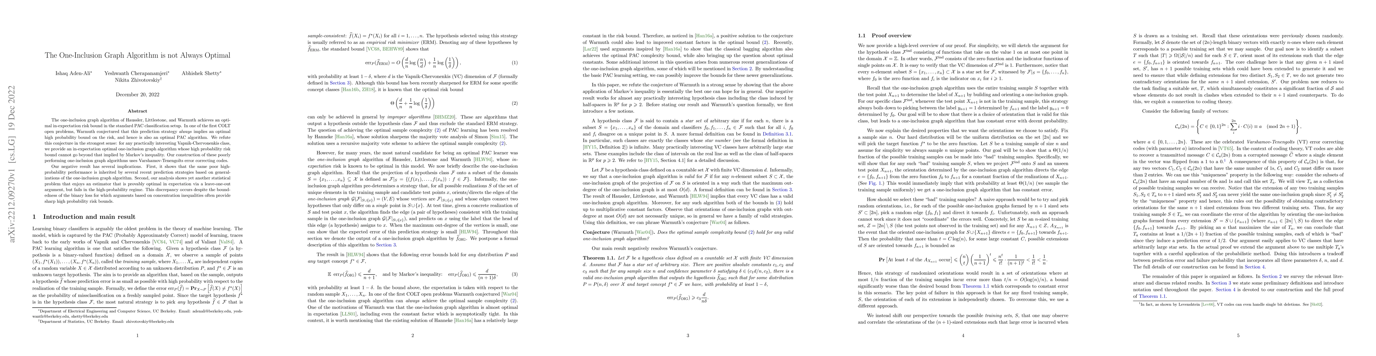 Thumbnail for The One-Inclusion Graph Algorithm is not Always Optimal