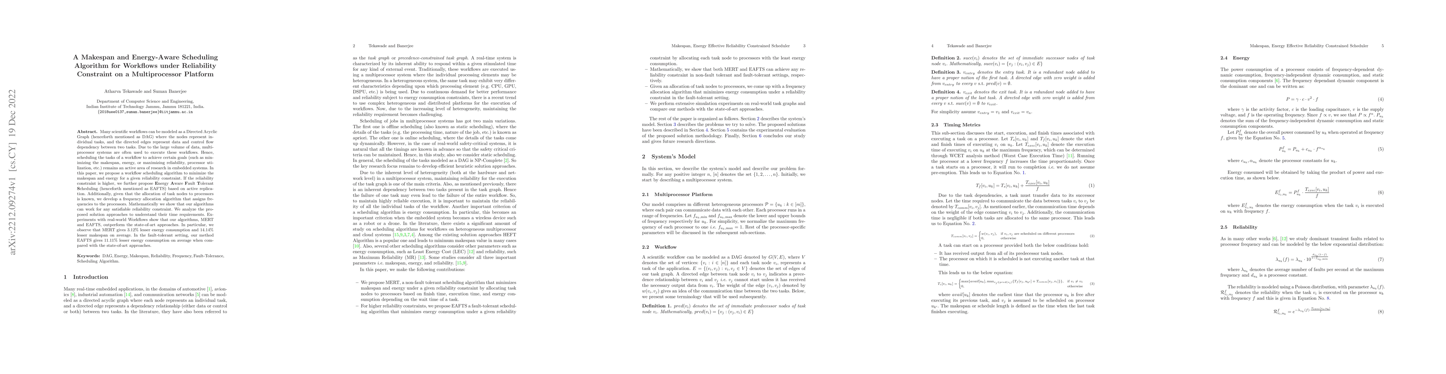 Thumbnail for A Makespan and Energy-Aware Scheduling Algorithm for Workflows under
  Reliability Constraint on a Multiprocessor Platform