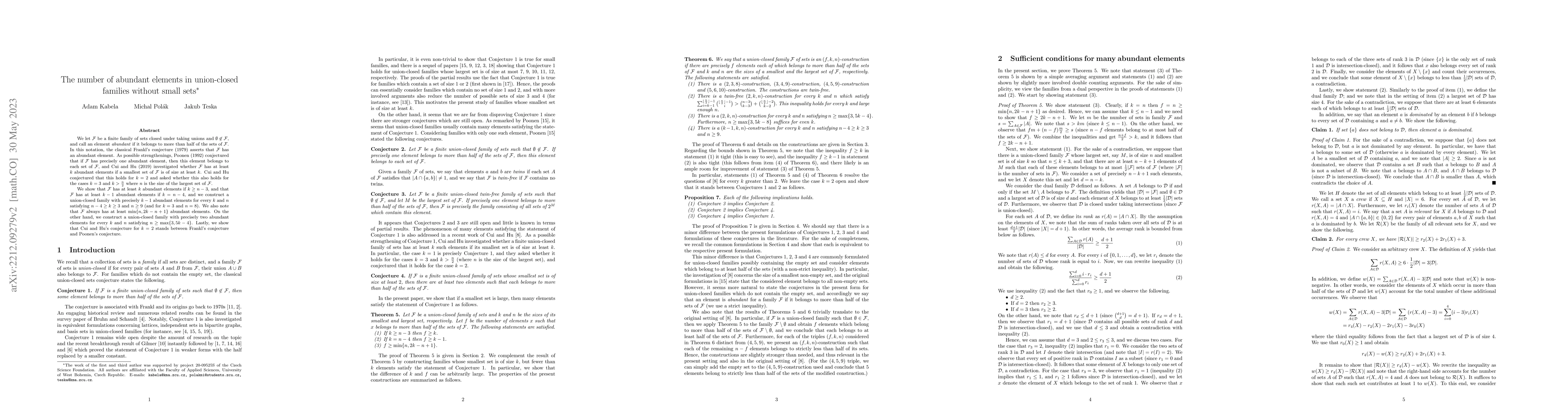 Thumbnail for The number of abundant elements in union-closed families without small
  sets