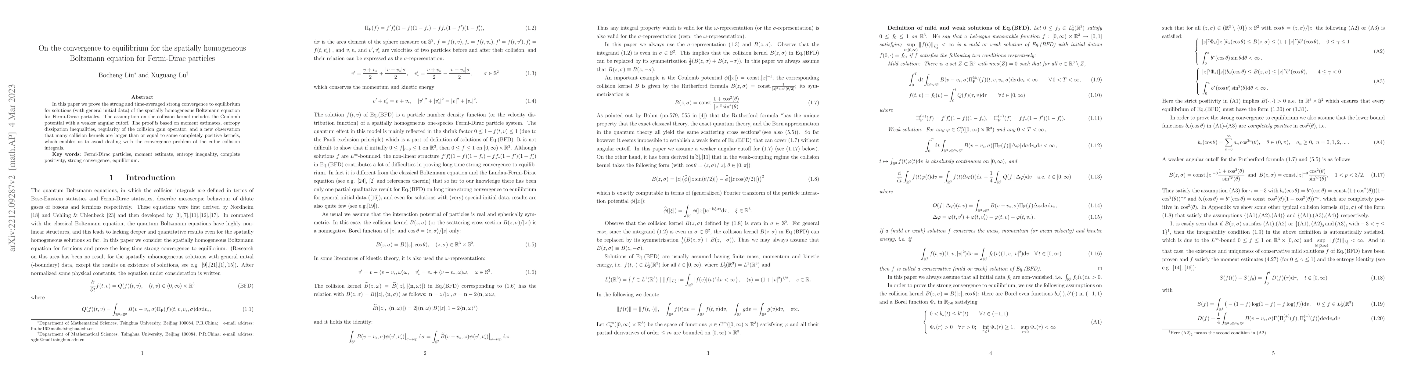 Thumbnail for On the convergence to equilibrium for the spatially homogeneous
  Boltzmann equation for Fermi-Dirac particles