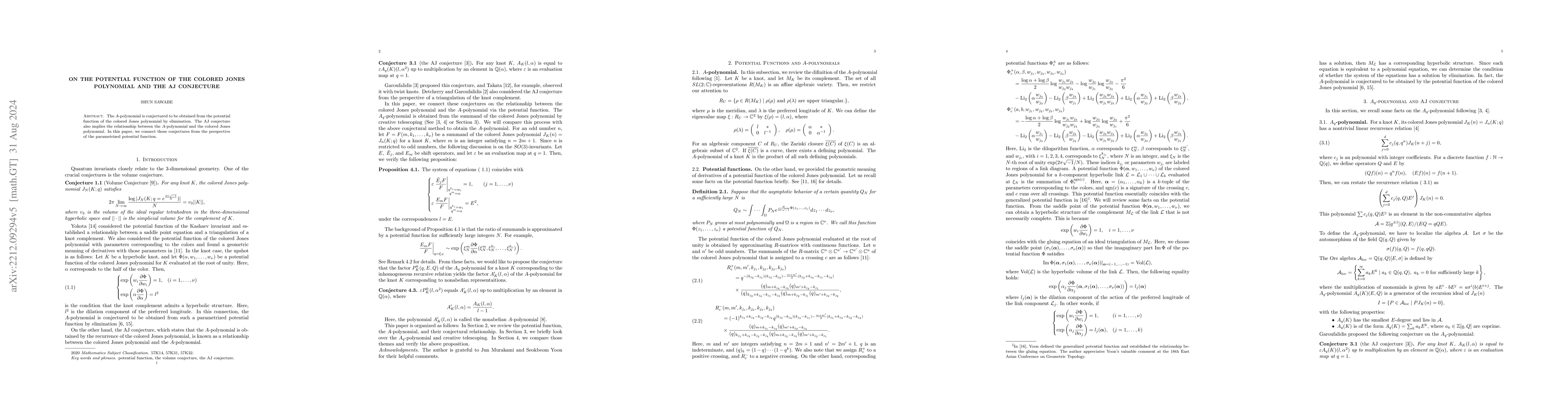 Thumbnail for On the Potential Function of the Colored Jones Polynomial and the AJ
  conjecture
