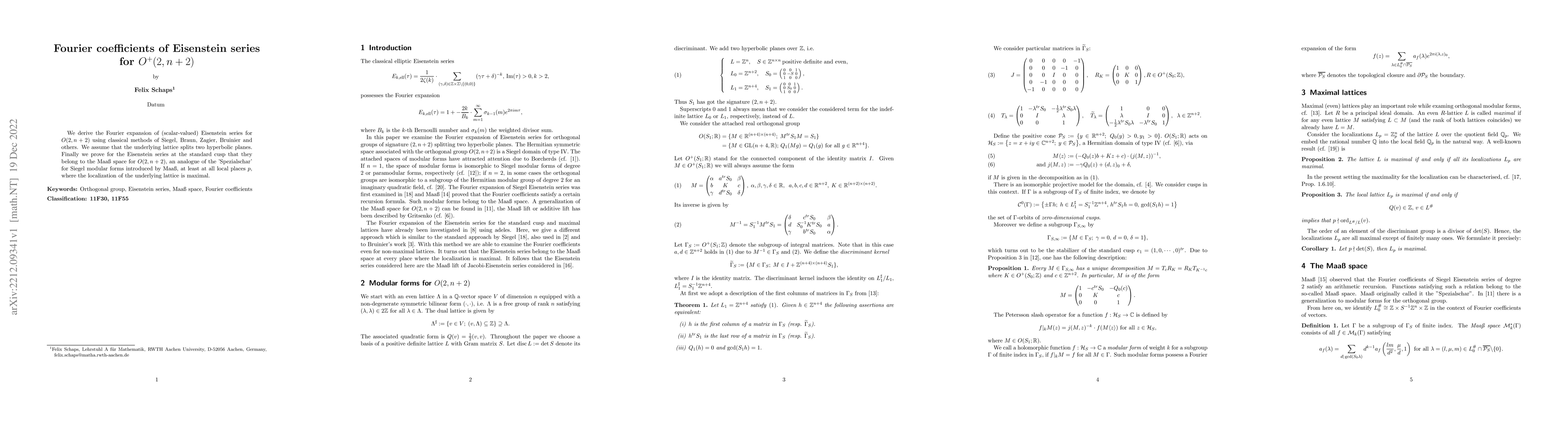 Thumbnail for Fourier coefficients of Eisenstein series for $O^+(2, n + 2)$
