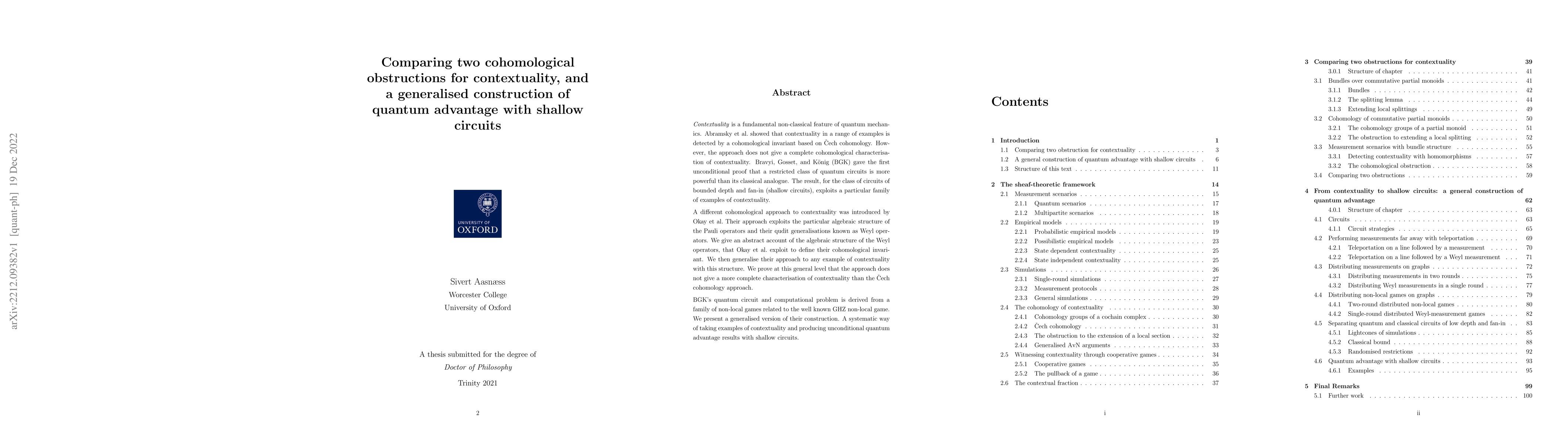 Thumbnail for Comparing two cohomological obstructions for contextuality, and a
  generalised construction of quantum advantage with shallow circuits