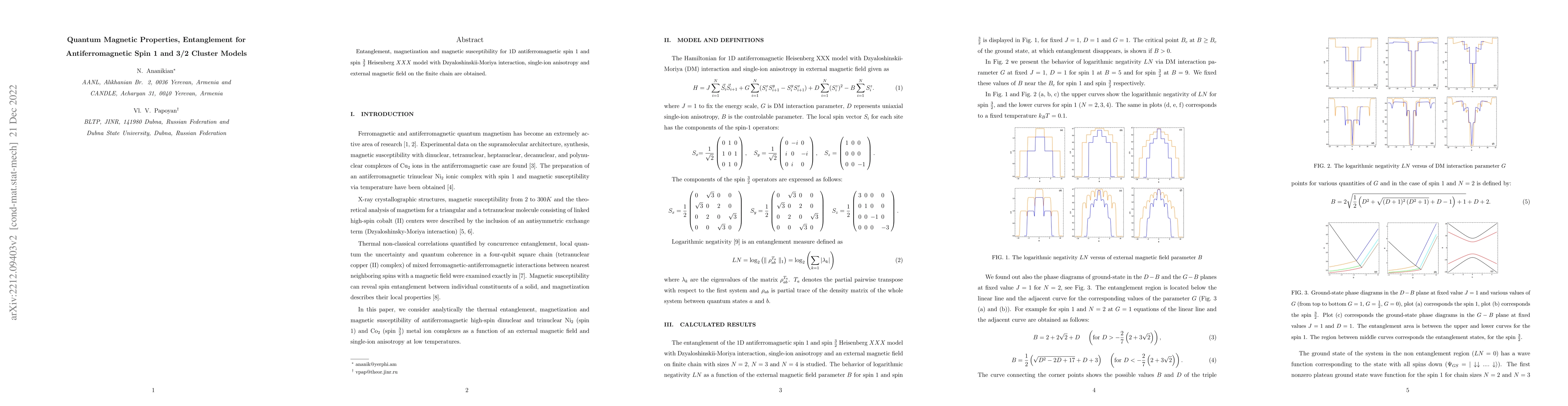 Thumbnail for Quantum Magnetic Properties, Entanglement for Antiferromagnetic Spin 1
  and 3/2 Cluster Models
