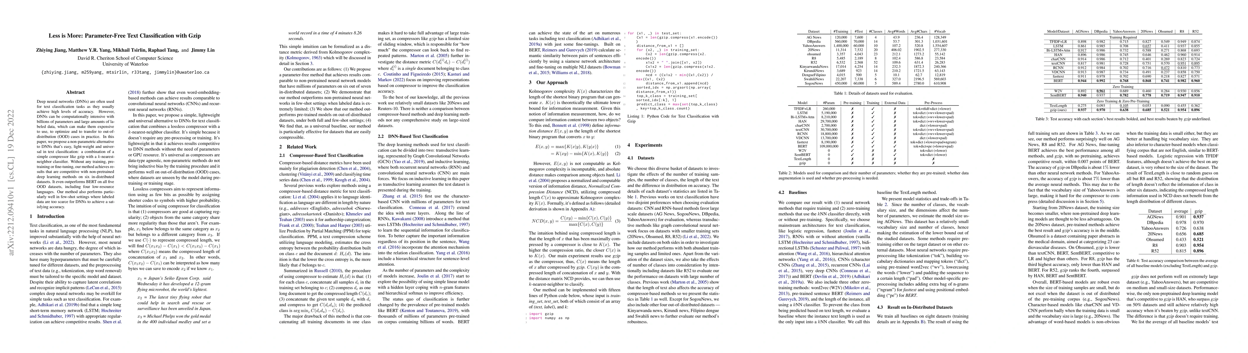 Thumbnail for Less is More: Parameter-Free Text Classification with Gzip